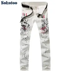 Sokotoo Для мужчин Мода белый с принтом волка джинсы Slim fit роспись цветным рисунком джинсы длинные брюки