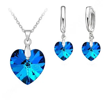 

Fast Ship SW Crystal Ocean Heart 925 Pure Sterling Silver With Lever Back Earring Pendant Necklace Woman Jewelry Gift Set
