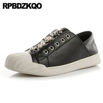 

latest pearl diamond rhinestone genuine leather crystal round toe black sneakers ladies beautiful flats shoes trainers women