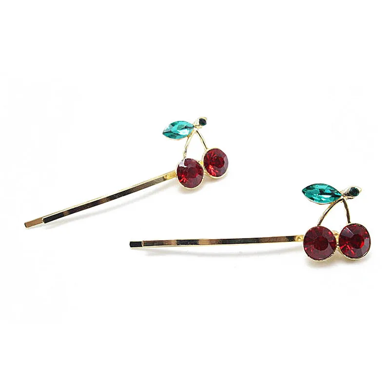 1 PC Girls Vintage Cherry Hair Clips For Women Rhinestones Red Crystal