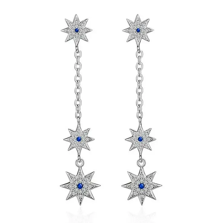

Hot sell shiny zircon star women long earrings anti allergy 925 sterling silver ladies`stud earrings birthday gift jewelry women