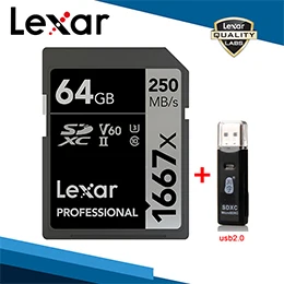 Lexar,, 1667x, sd-карта, высокая скорость, 256 ГБ, карты памяти, ридеры, 128 ГБ, память U3 C10, 64 ГБ, SDXC, UHS-II для 3D 4 K, HD камера - Емкость: 64G Card and Reader