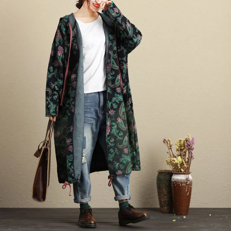 

Vintage Floral Bandana Single Breasted Button Hooded Drawstring Oversized Loose Trench Mori Girl Linen Long Outfit Windbreaker