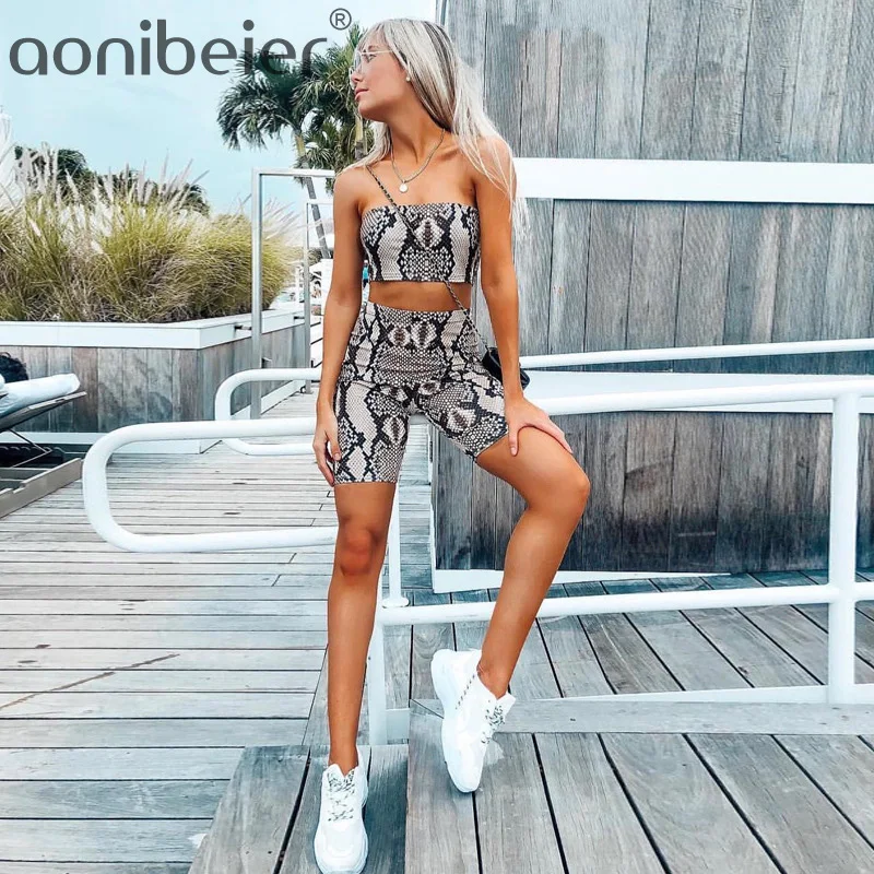 

Aonibeier Animal Skin Print Summer Lady Set Two Piece Outfits High Waist Knee Length Snakeskin Pants Off Shoulder Crop Tops