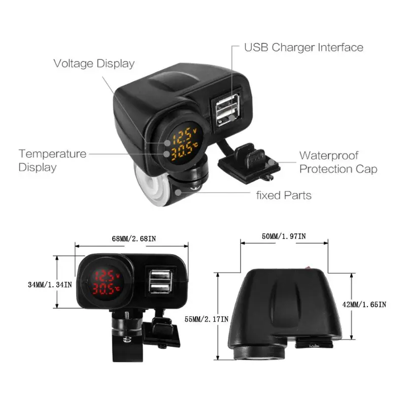 Мотоцикл двойной USB зарядное устройство Вольтметр термометр гнездо для сотовых телефонов/планшетов/gps