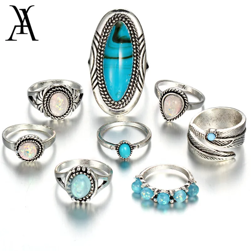 

Vintage Geometric Stone Opal Rings Set For Woman Bohemian Antique Silver Color Knuckle Shield Rings Fashion Party Jewelry