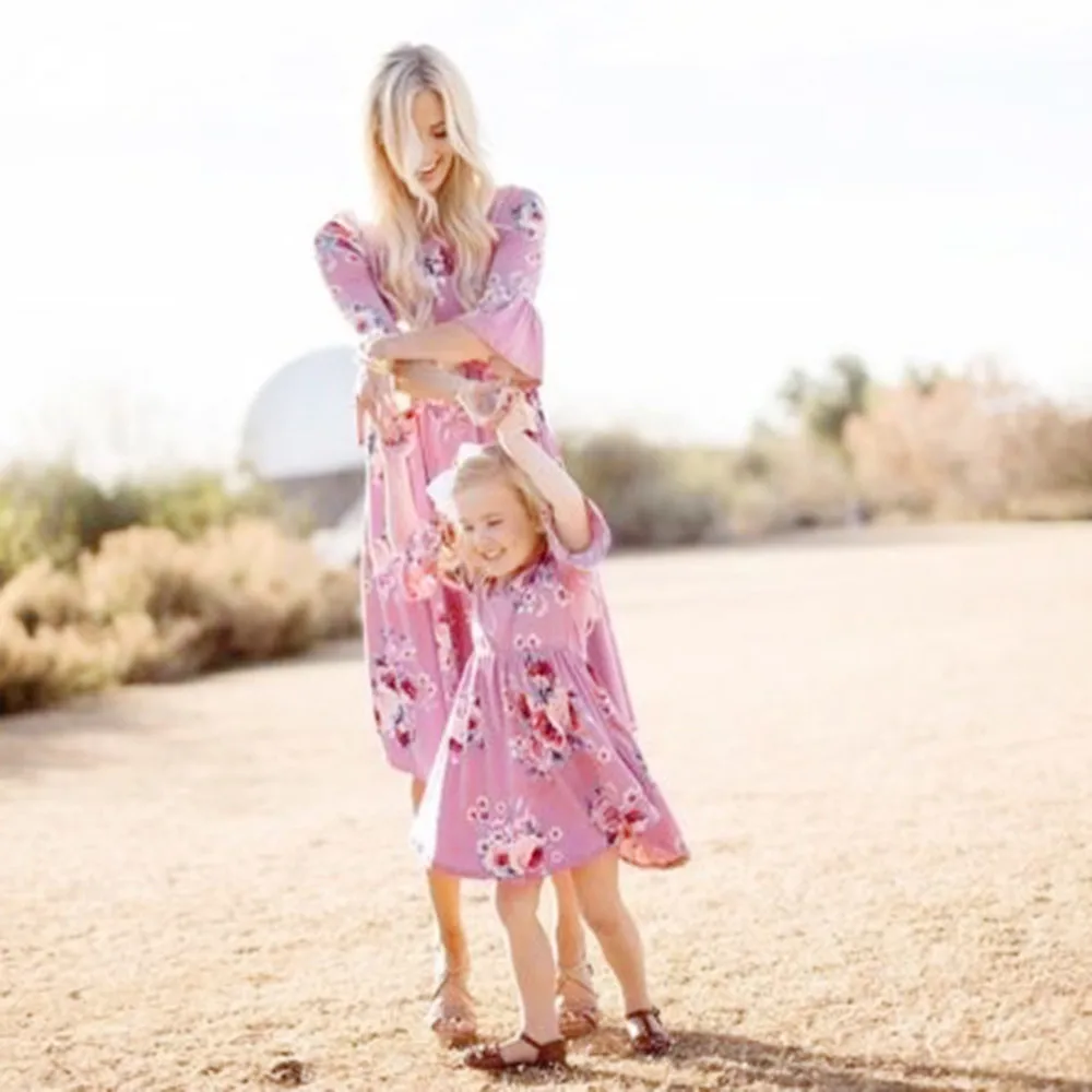 

MomMe Baby Girls Kids Floral Match Daughter Family Dress Sundress Clothes Bohemian Elegant Dress Cotton Flower Cute Sundress #SS