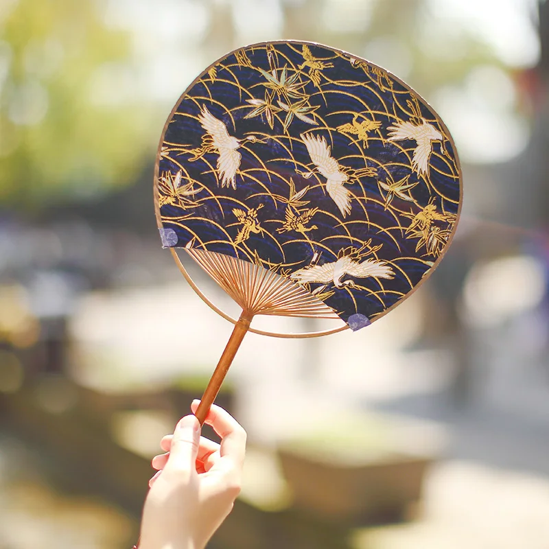 

1pc Classical Creative Double-side Round Fan Summer Long Handle Chinese Style Hand Fan