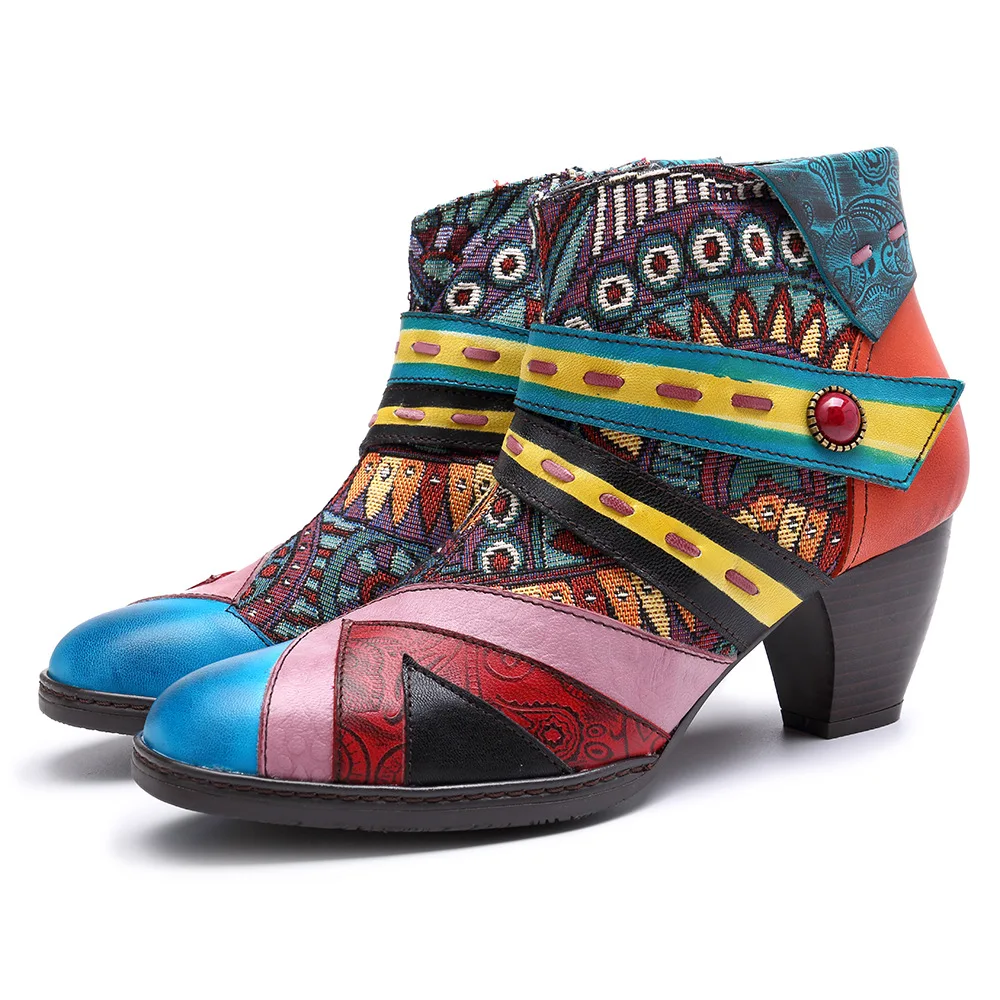 

Johnature Patchwork Zip Vintage 2019 New Genuine Leather Ankle Boots for Women Ladies Shoes Woman Flower Bohemia Booties