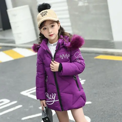Зимняя куртка для детей до-20 градусов Одежда для девочек верхняя одежда с хлопковой подкладкой Детские теплые длинные пуховые пальто с меховым воротником и капюшоном, TZ376 - Цвет: Purple