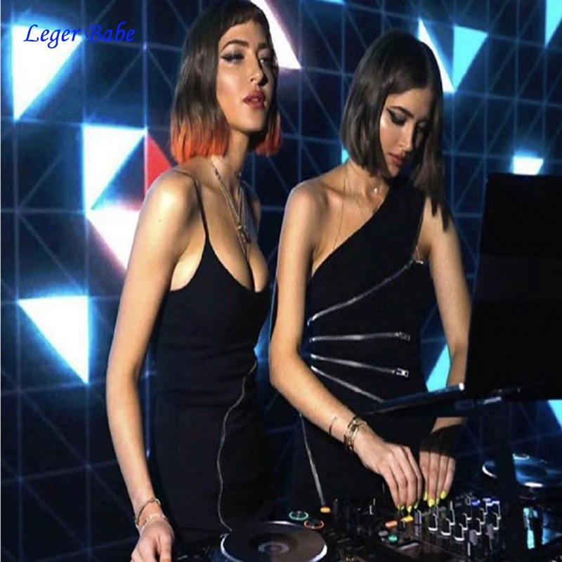 Leger Babe 2018 черное Бандажное платье на молнии женское Vestido сексуальное одно плечо