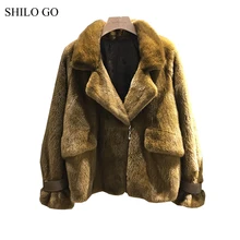 SHILO GO Fur Jacket Womens Winter Fashion real Mink Fur short coat big lapel leather belt long sleeve loose motorcycle jacket
