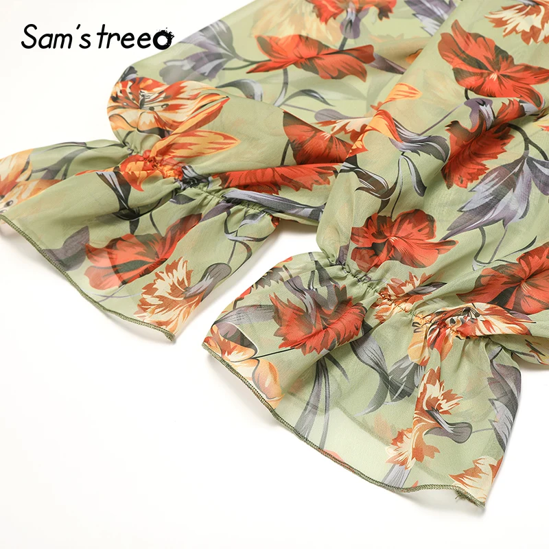 Samstree винтажный женский короткий топ с цветочным принтом Летние шифоновые женские блузки на шнуровке модные повседневные офисные женские рубашки