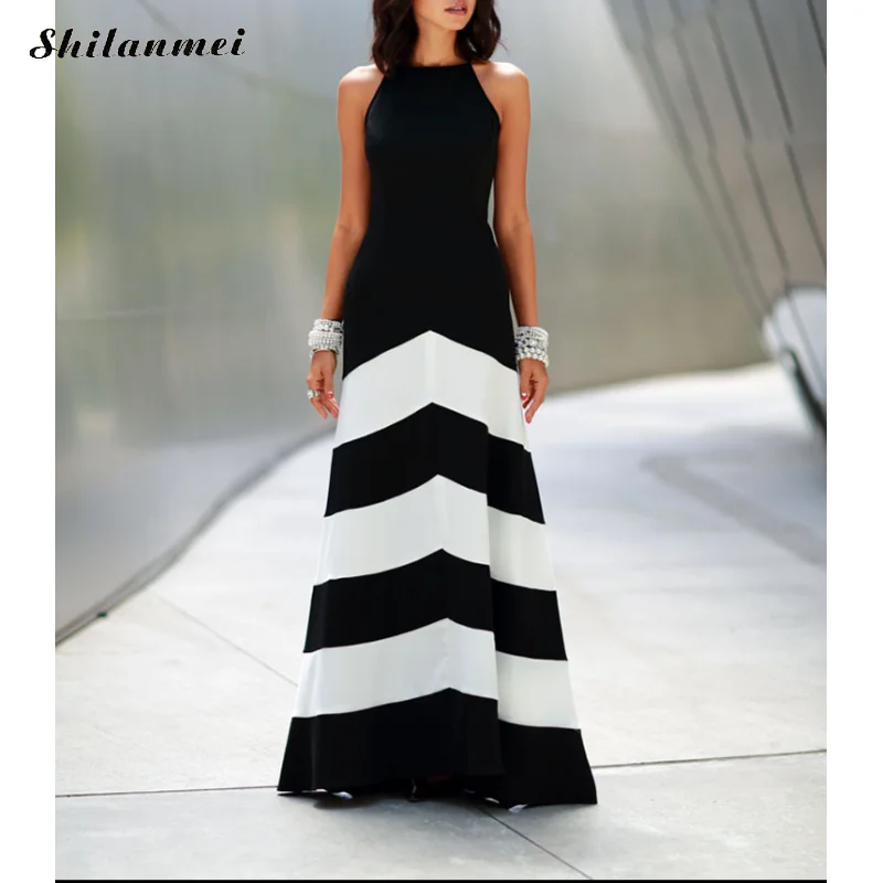 

Women Black White Wide Stripe Maxi Long Dress Halter Cross Strap Backless Elegant Lady Evening Party Dress Female Fashion Robes