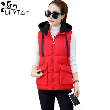 

UHYTGF Fashion Vests for Women Autumn Winter Hooded Short cotton Vest Jacket Plus Size Sleeveless Down Cotton Slim Waistcoat 565