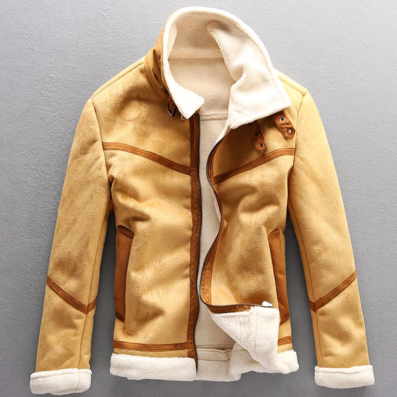 

European Style Plus Size 4XL 5XL Mens Lamb Faux Fur Jacket and Coats Winter Overcoats Velvet Patchwork Brown Khaki Color A260