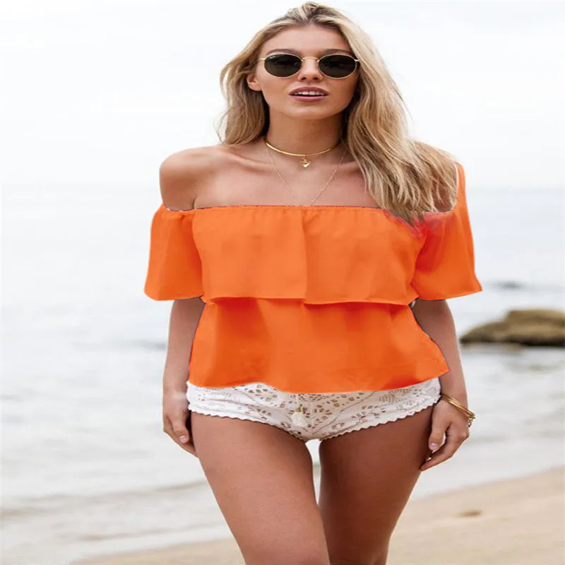 

Fashion Women's Sexy Off-Shoulder Chiffon Short Sleeve Beach One-Shoulder Shirt