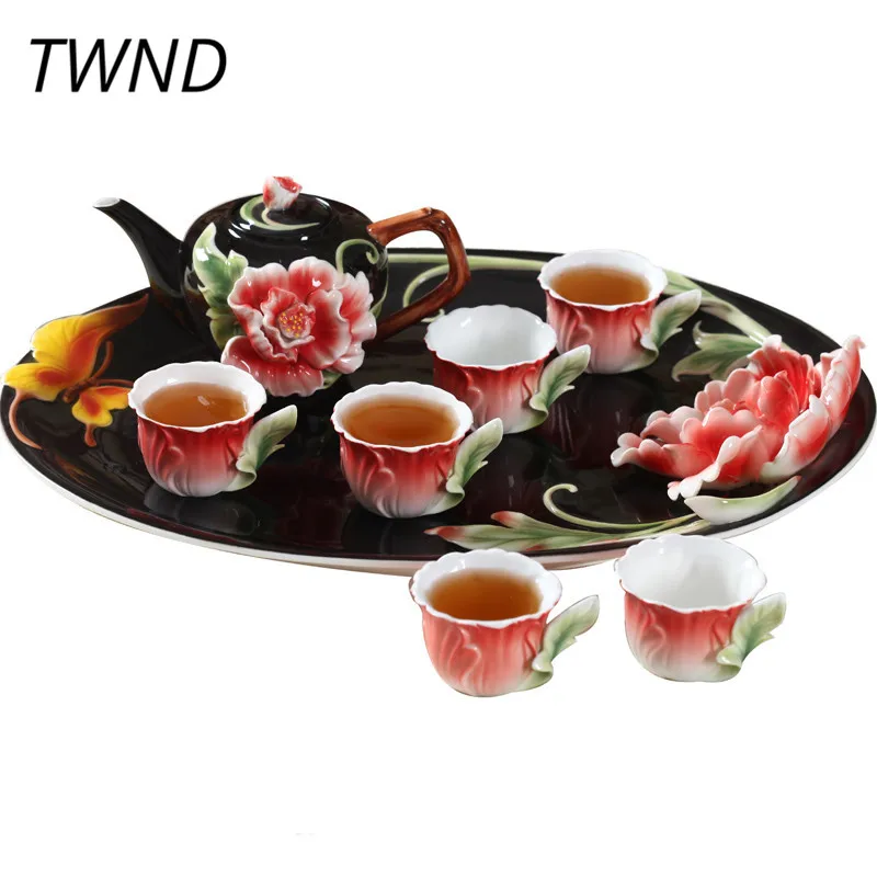 

Bone china peony teapot cups with tea tray sets kung fu kettle mugs saucer tie guan yin puer tea drinkware