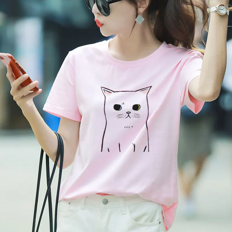 

Womens Clothing 2019 Ulzzang Funny Kawaii Cute Animal Black Cat Printed Graphic Tees Daily Loose Women Tshirt