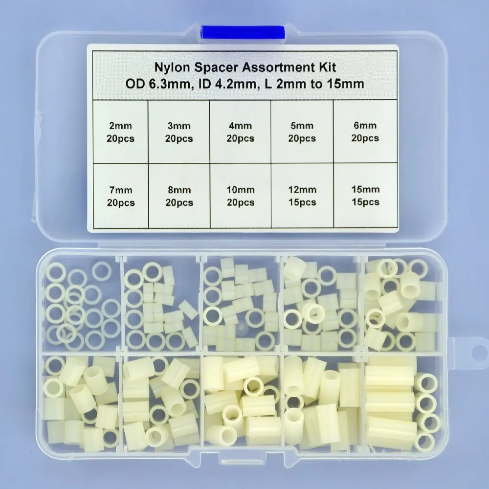 Nylon PA66 Round Spacer Assortment Kit. OD 6.3mm, ID 4.2mm, L 2 to 15mm