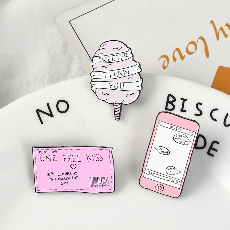 

Pink Sweet love Cartoon phrase 'ONE FREE KISS' Denim Lapel Enamel pin cotton candy Badges Brooch women Gift Jewelry for lover
