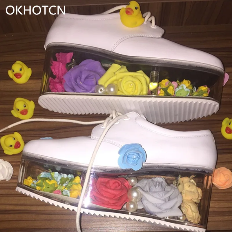 

New Arrival 2018 White Black Leather Women Casual Shoes Lace Up Transparent With Colorful Flowers Flat Platform Single Shoes