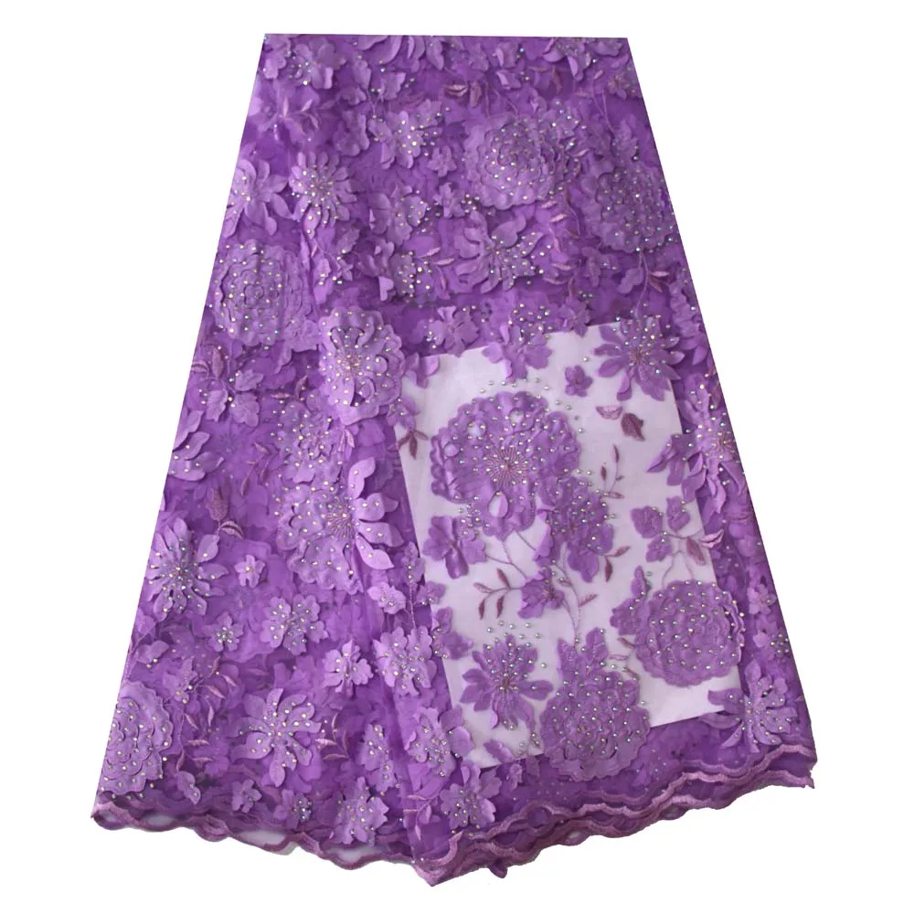 

Ourwin New Arrival Laser Cut Lace Fabric High Quality African Lace Fabric for Wedding Dress Lilac Net Lace Fabric with Stones