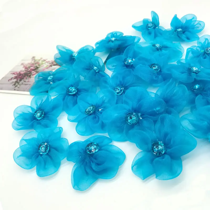 

50pc 5cm Handmade Blue Organza Rhinestone Flowers Hair Pins DIY Bridal Wrist Brooch Flower Accessories Sewing Scrapbook Supplies