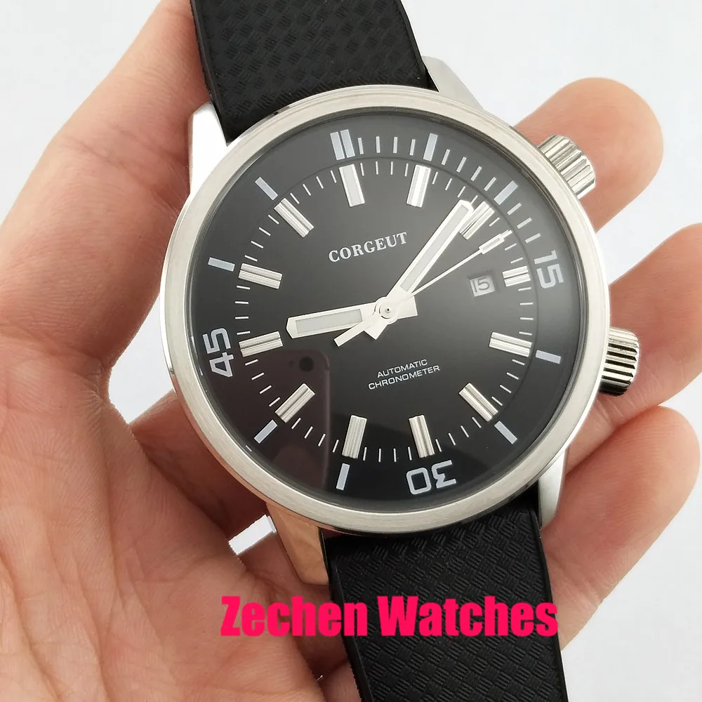 

Miyota Automatic Luminous Black Dial Rubber Strap white hands Men's Wristwatch Corgeut 45mm big watch