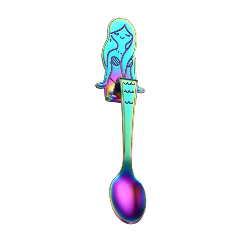 High Quality 304 Stainless Steel Cute Mermaid Coffee Spoon Kitchen Hanging Handle Milk Teaspoon Dessert Scoops Kitchen Gadget - Цвет: Multicolor