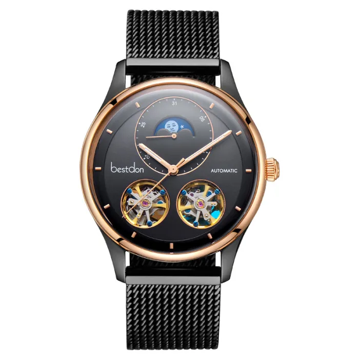Bestdon Мужские часы механические с двойным турбийоном Роскошные модные брендовые мужские спортивные часы мужские автоматические часы Relogio Masculino - Цвет: Rose gold black