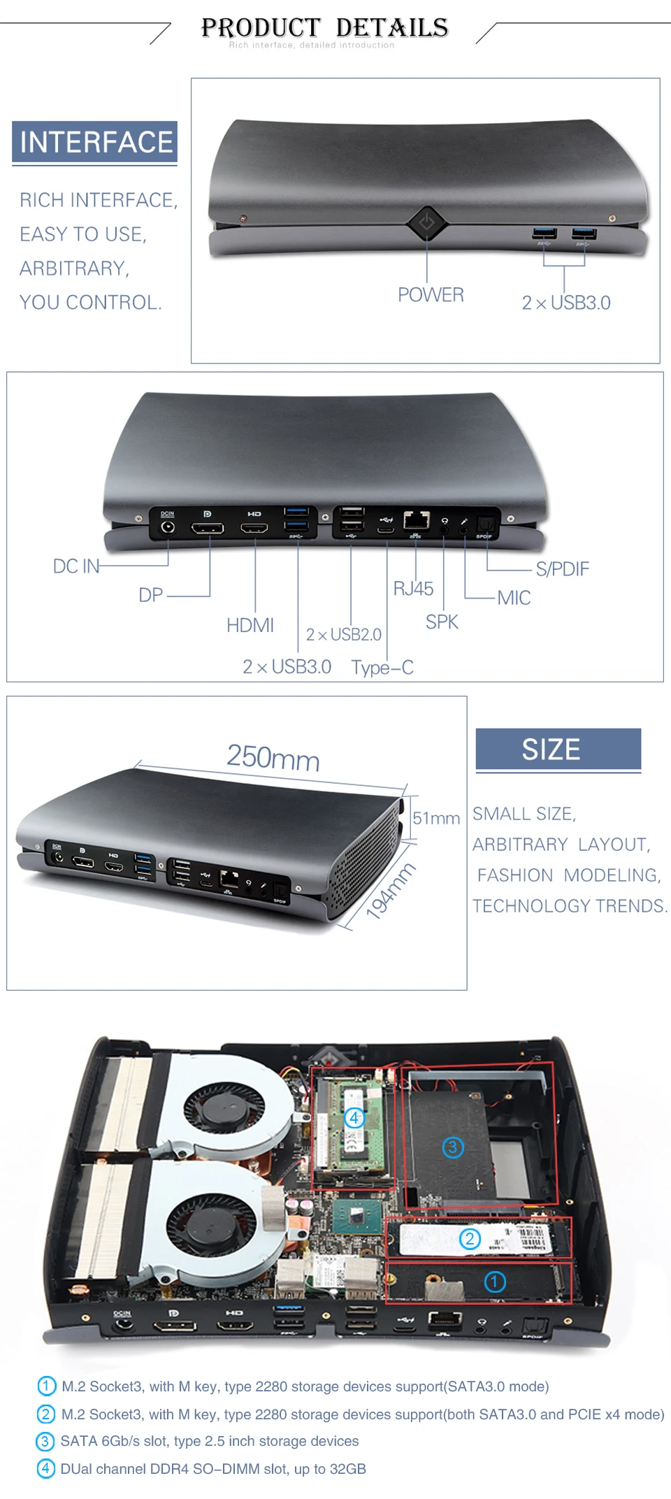 Мини-компьютер с четырехъядерным процессором kabylake i7 6700HQ Barebone и портом SPDIF type-C для Windows 10