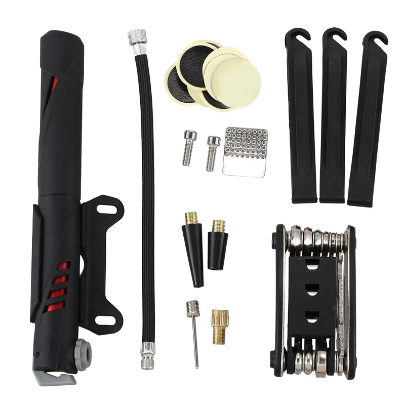 

bicycle repair set in bag, multitool & high-quality mini air pump and tire lever, self-adhesive patches incl, carefree package