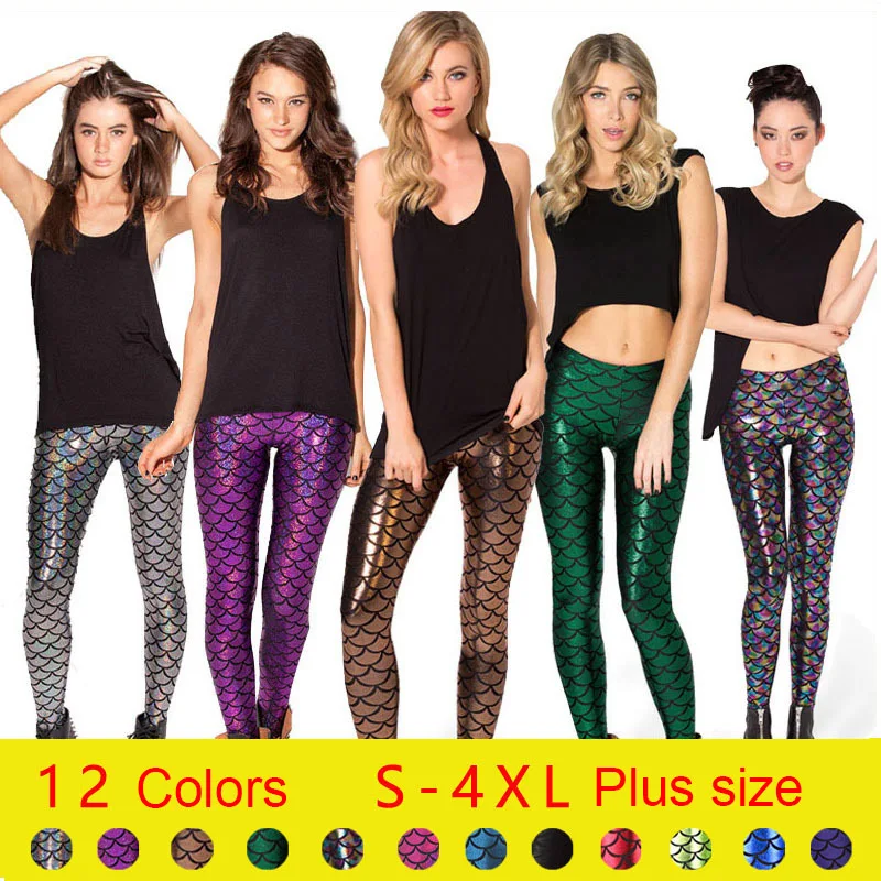 

DHL 100pcs New Sexy Girl Women 12 Colors Shiny mermaid scale 3D Prints Workout Walking Elastic Fitness Leggings Pants Plus Size