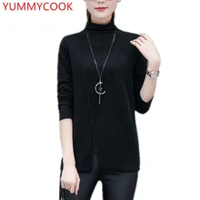 Новинка на осень-зиму свободная футболка с длинными рукавами женский сплошной цвет с высоким воротником; футболка Женская одежда A343