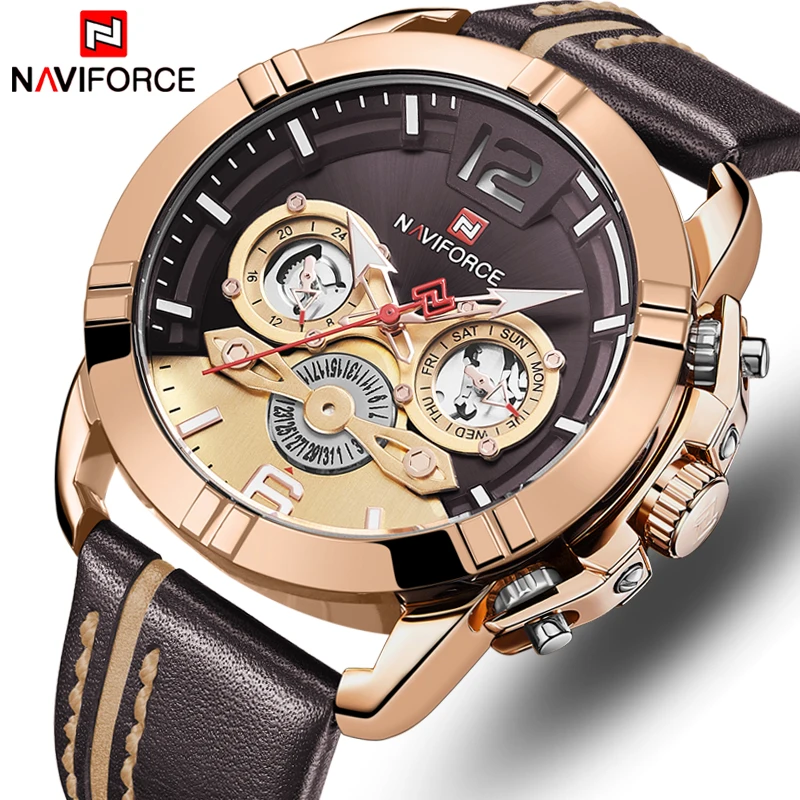 Топ люксовый бренд NAVIFORCE часы Мужские Спортивные кварцевые наручные кожаный