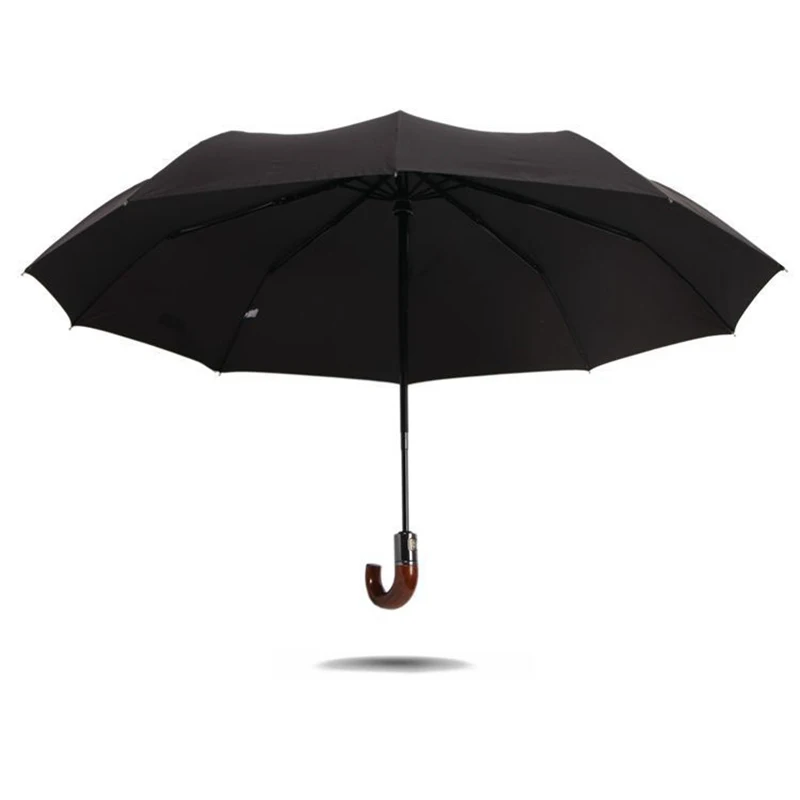 Automatic Umbrella Leather Curved Handle Increase Men Pure Black Wood