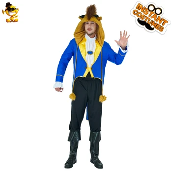 

DSPLAY Cosplay New Play The Role Men Wild Beast Costume Blue Hooded Jackets Hair Ball Front Short Long Tail Swallowtail Suit