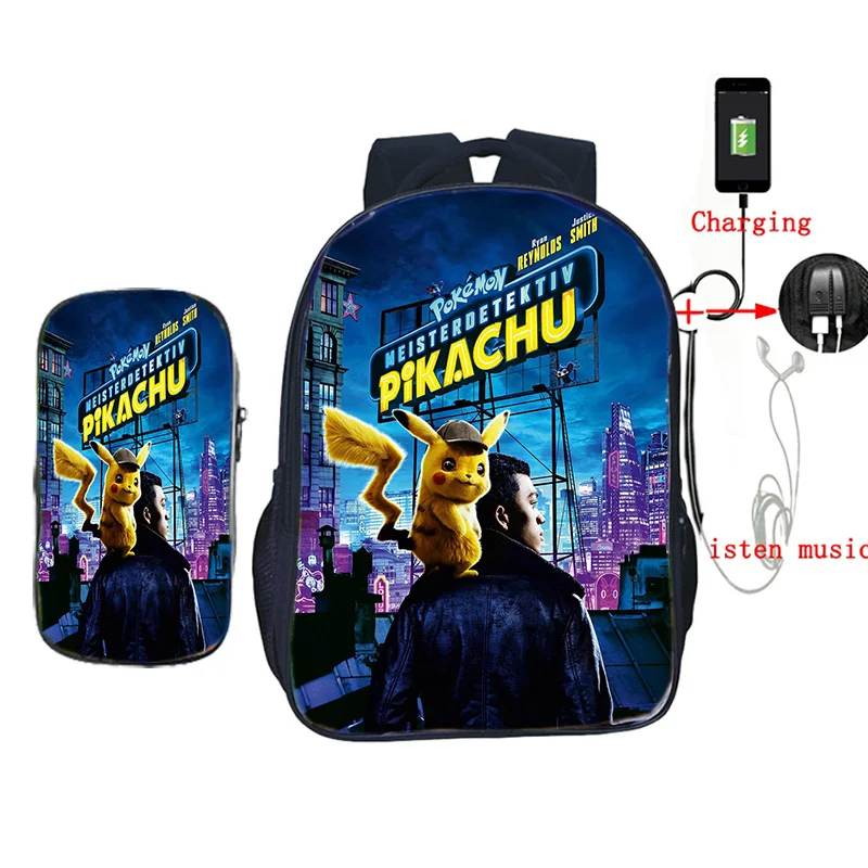 Рюкзак Pokemon Detective Pikachu с USB зарядкой, школьные рюкзаки для подростков, мальчиков и девочек, Mochila, детский дорожный рюкзак с пеналом