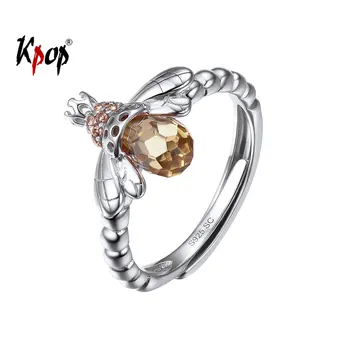 

Kpop 925 Sterling Silver Ring Wedding Engagement Jewelry Yellow Cubic Zirconia Adjustable Open Crown Bee Ring for Women R6314