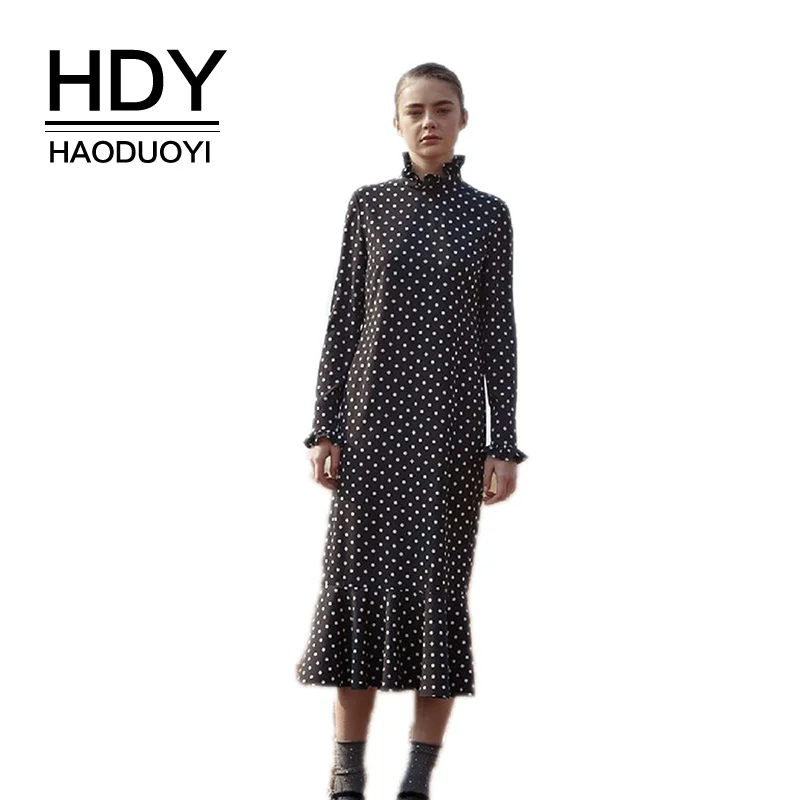 

HDY Haoduoyi autumn Simple Temperament Retro Lady Sweet Cold Wind Wave Lotus Leaf Collar Elegant and Slender 2019 Women Dress