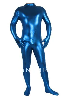 Синий блестящий металлический костюм зентай Облегающий комбинезон с застежкой-молнией