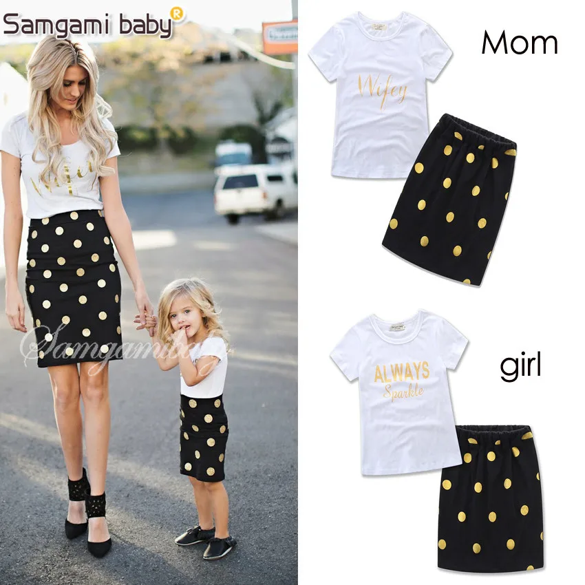 

SAMGAMI BABY Parents and Children Outfit Letters Printing Cotton T-shirt+Polka Dot Pattern Tight Skirt Summer Mom And Kids Love