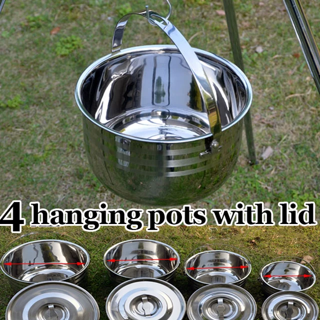 Cheap Thicken 4 PCS Stainless Steel Hanging Pot Set Outdoor Hiking Traveling Kit Picnic Skillet Flambe Campfire Cookware Bonfire Party