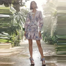 Ziwwshaoyu Ruffles Hem Print Lantern Sleeve Sexy deep V-Neck Dress