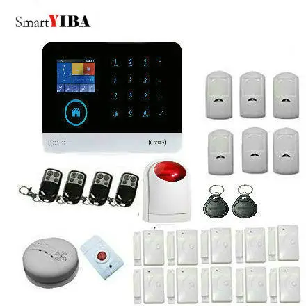 

SmartYIBA Multi Language Voice RFID WiFi 3G Alarm System Sensor With Door Gap Motion Alam Sensor Panic Alarm Strobe Siren Kits