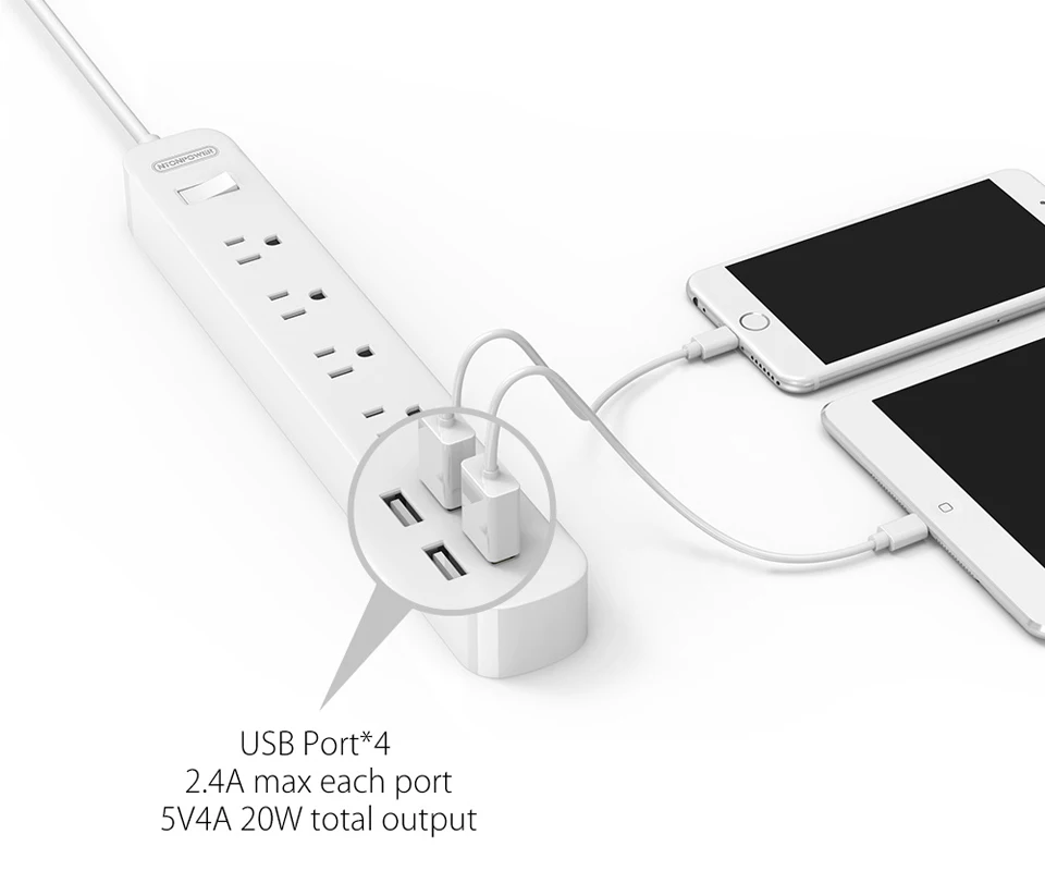 NTON power ODPC USB защита от перенапряжения, силовая лента, штепсельная вилка США 4, розетка переменного тока, 4 порта usb для зарядки с переключателем перегрузки, длинный шнур питания 1,5 м