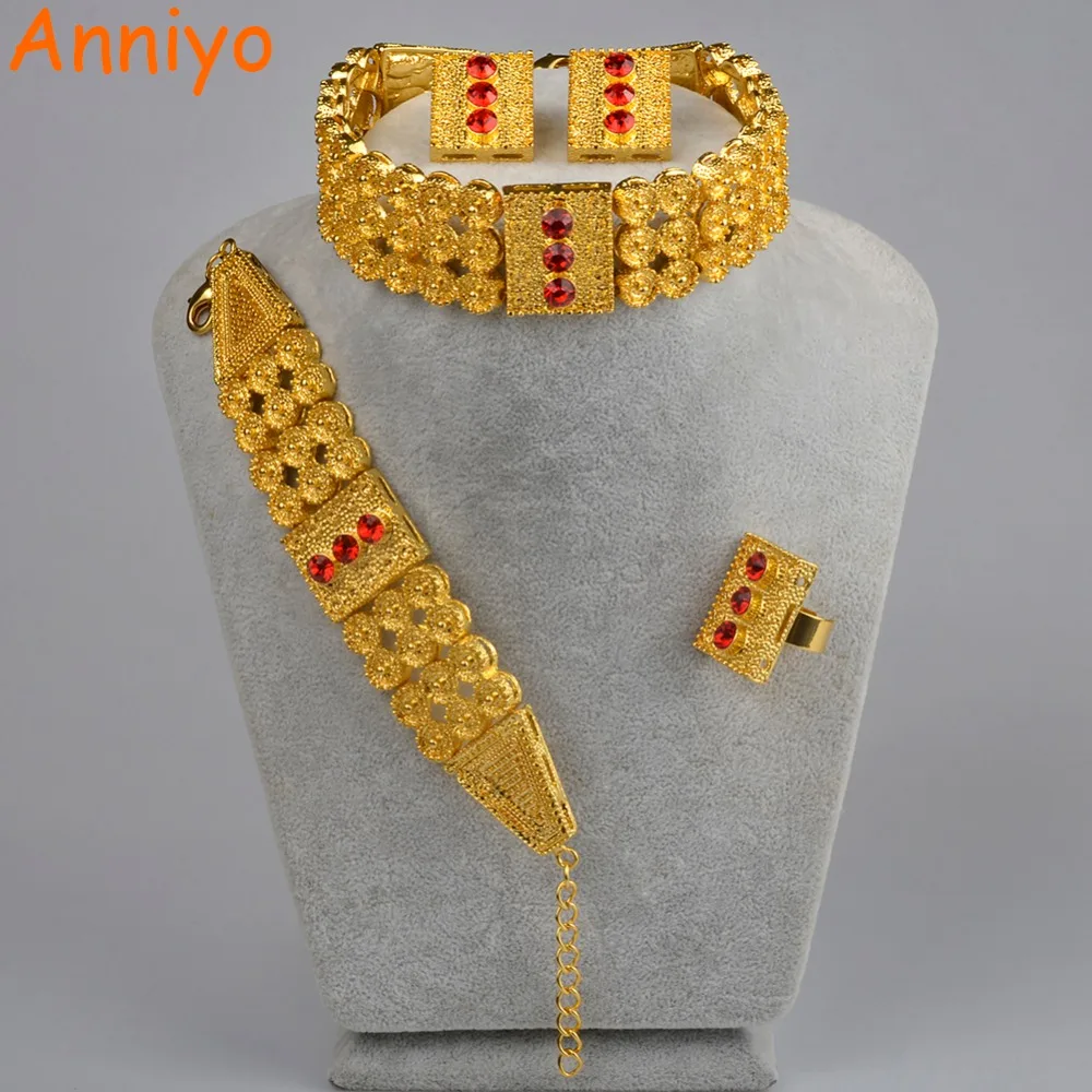 

Anniyo Ethiopian Gold Color Jewelry sets Alloy Chokers Necklace/Earrings/Ring/Bracelet Africa Wedding Eritrea set #002215