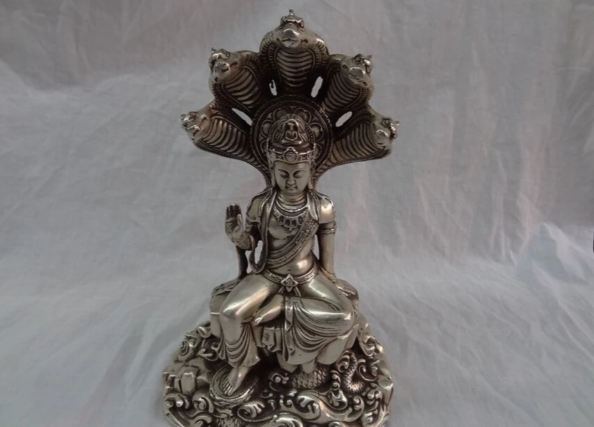 

fast shipping USPS to USA S1449 12" Tibet Buddhist Joss Silver 5 Snake Head Naga Kanya Shakyamuni Buddha Statue