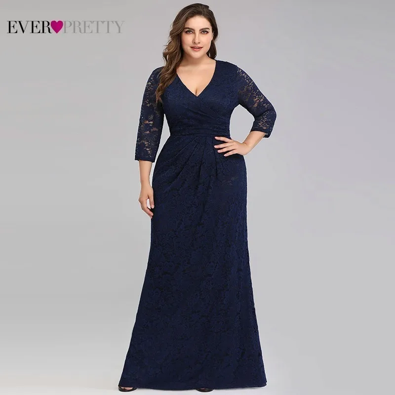 

Plus Size Lace Mother Of The Bride Dresses Ever Pretty Mermaid 3/4 Sleeve Elegant Navy Blue Mother Dresses Vestido De Madrinha